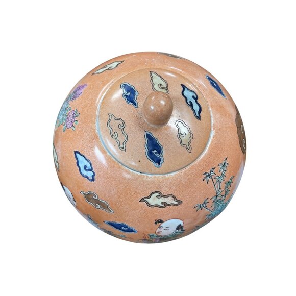 Vintage Chinese Large Peach Porcelin lidded boys play Macau Chinoserie SKU 9736 - Picture 5 of 13